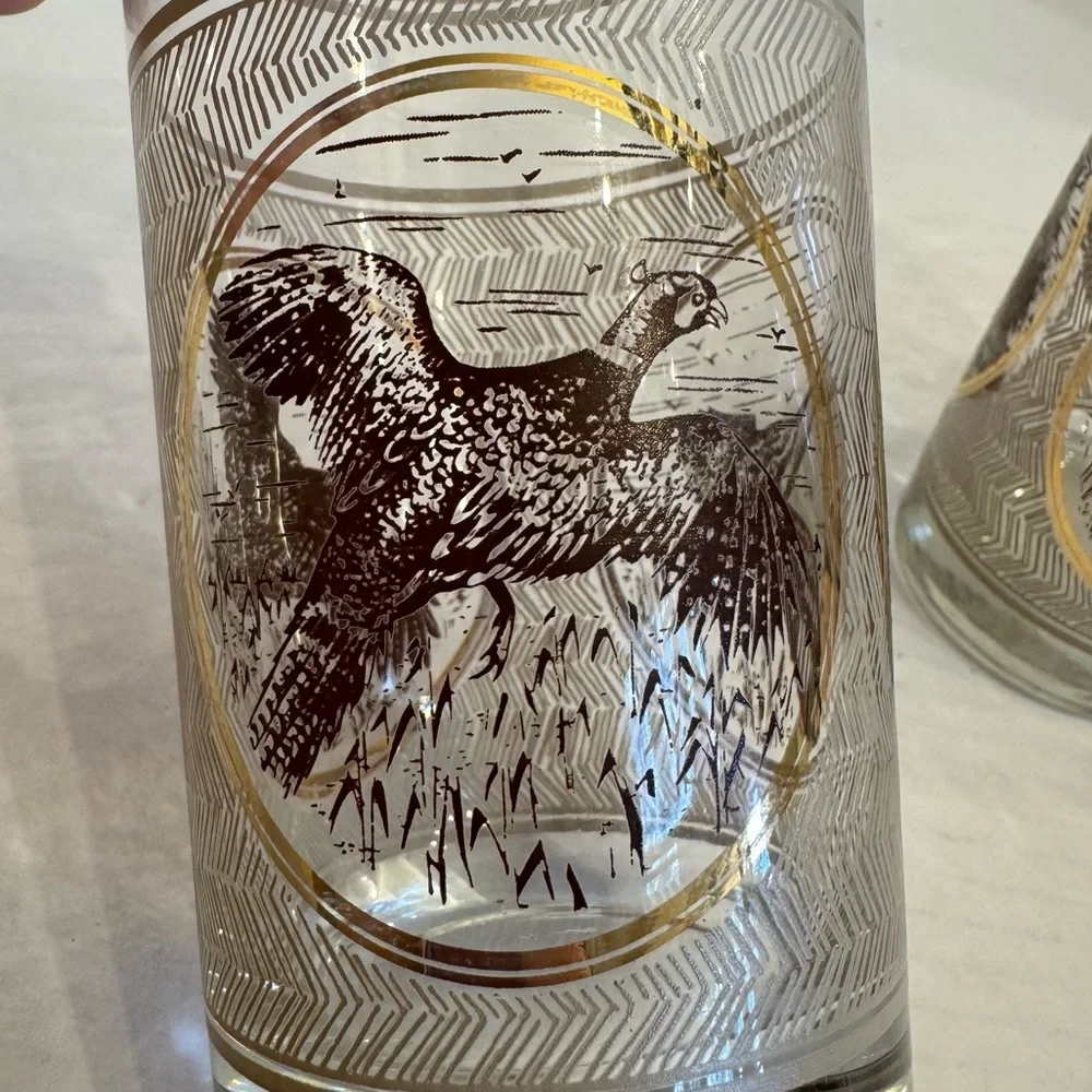 3 VTG 1970s MCM Libbey Highball Pheasant Glasses Game birds Brown Gold